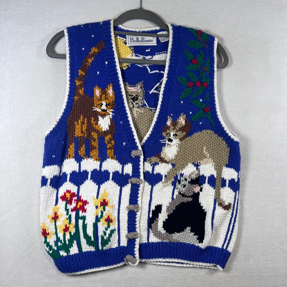 Vintage BellePointe Cat Mouse Sweater Vest Blue Knit Button Front Cottagecore S